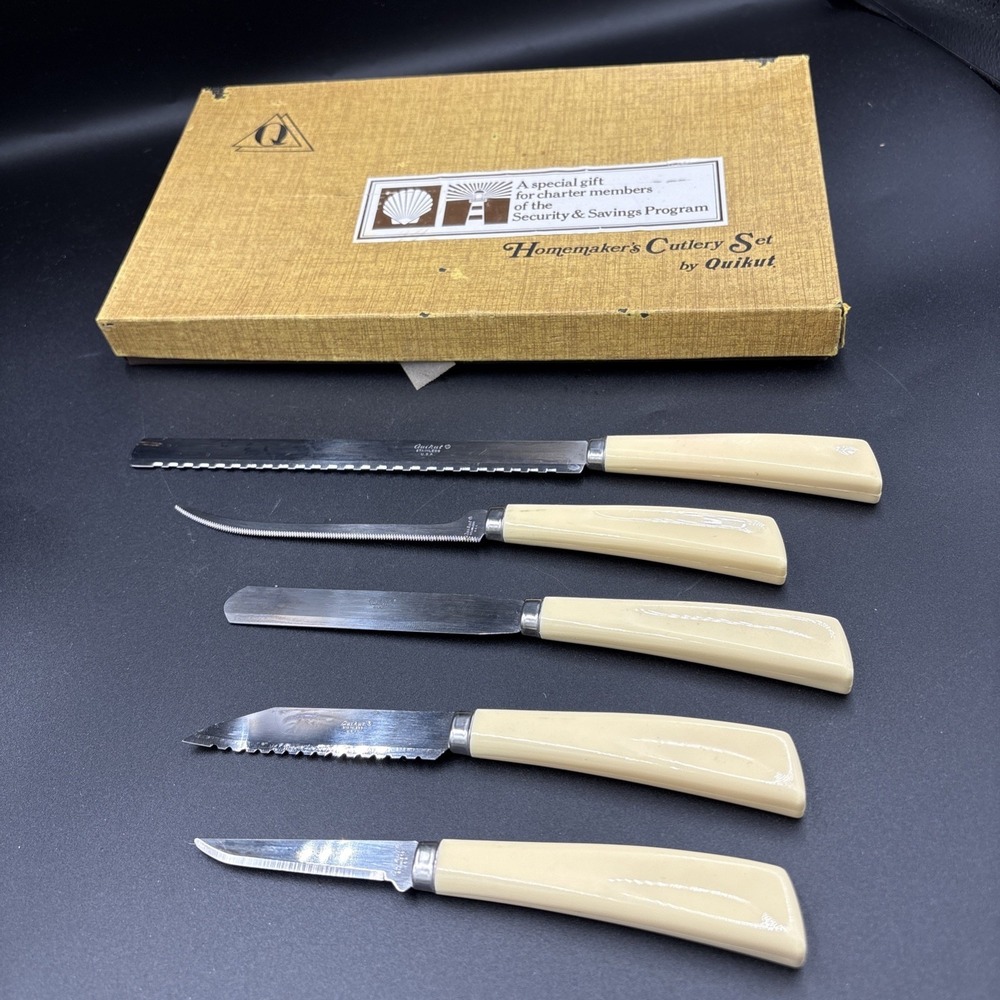 Vintage Quikut Homemaker's Cutlery Knife Set Pairing, Spatula, , Bread  NOS Read
